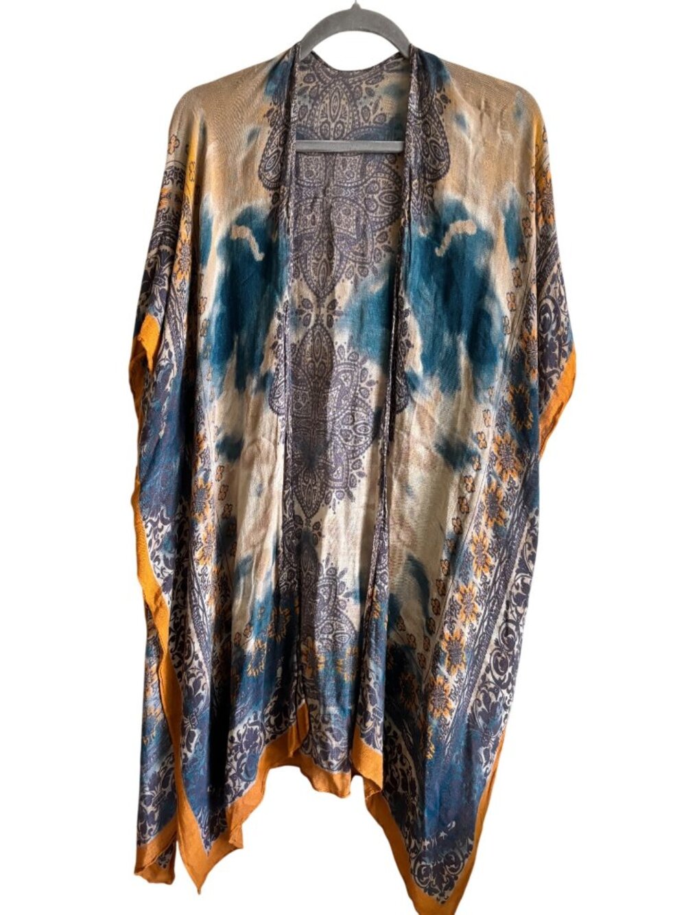 Kimono by Macchia Di Ruggine in Boho Print & Tie-Dye Pattern Orange Blue & Beige